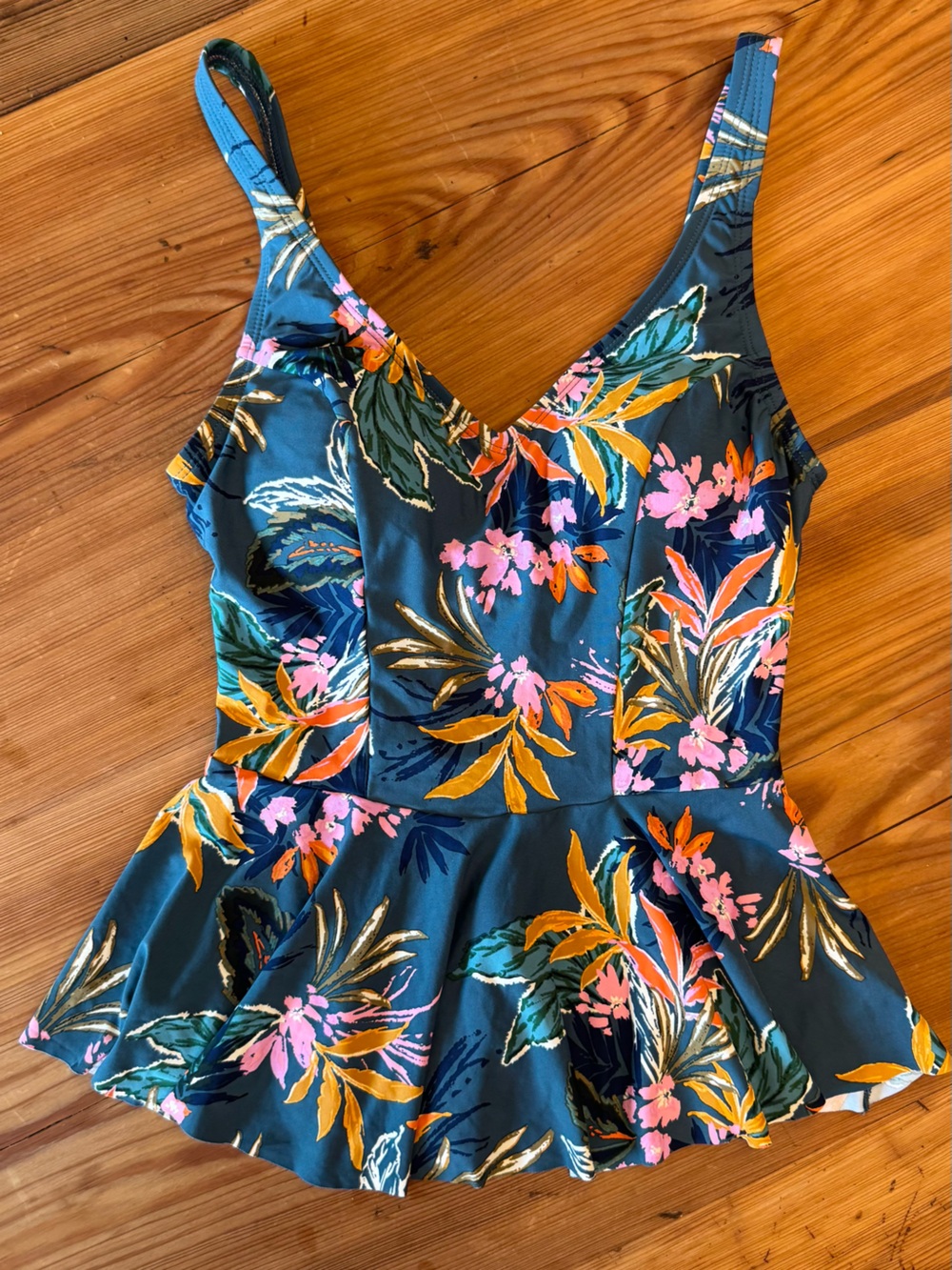 Floral Peplum Swim Bikini Top in Teal with Pink & Orange Accents